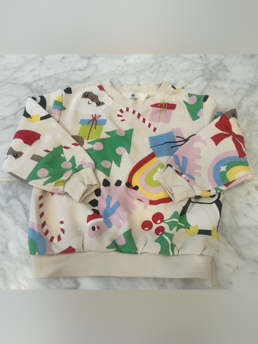 H&M Cream Holiday Print Kids Sweatshirt with Multi-Color Motifs
